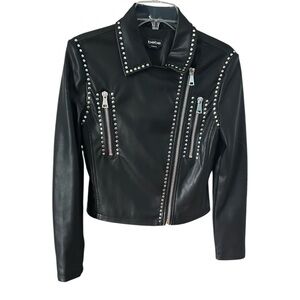 Bebe Women's Faux Leather Moto Jacket Sz S Studded Jet Black Zippers Lined Biker